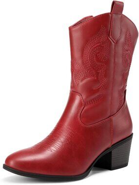 Women's Red Mid Calf Cowgirl Boots with Embroidery Round Toe Chunky Low Heel